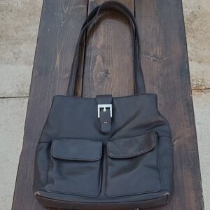 Preston & York Genuine Leather Dark Brown Tote with Silver Logo Plate Vintage